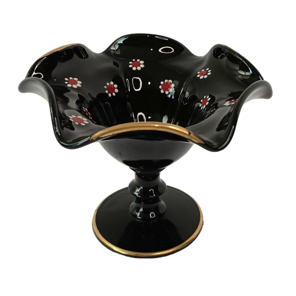 Vintage Black Glass Enamel “Cosmos” Daisy Pedestal Compote or Candy Dish